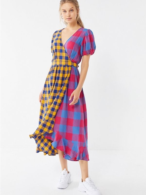 Urban Outfitters Anna Mixed Plaid Wrap Midi Dress